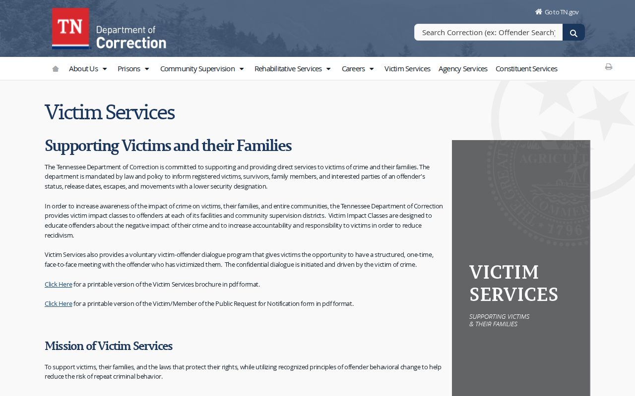 TDOC victim services and VINE notification information for Warren County custody alerts