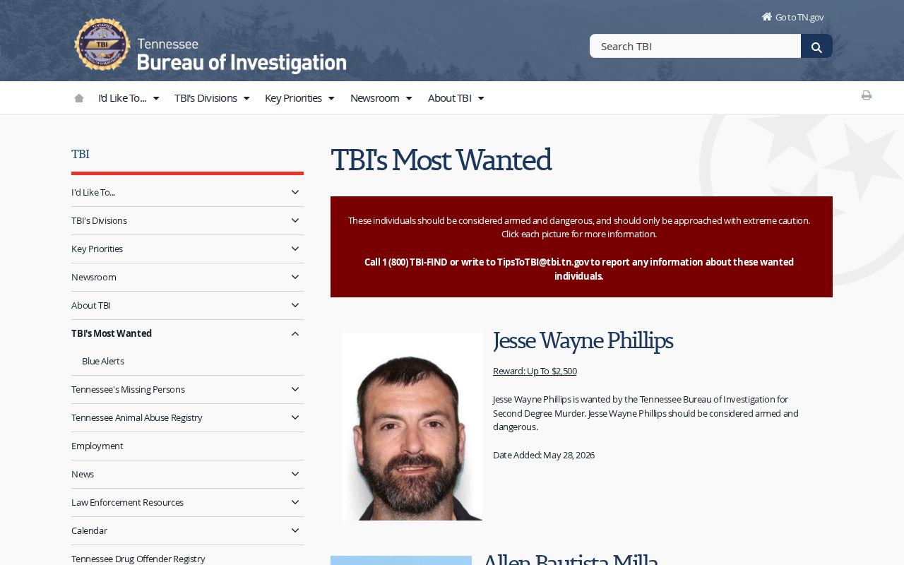 Tennessee Bureau of Investigation Top 10 wanted list for a Warren County wanted-record check