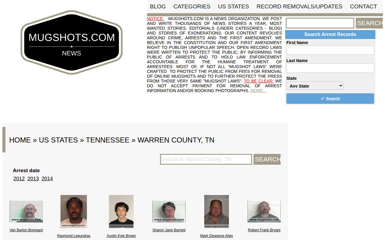 Warren County booking record secondary source interface, not an official roster